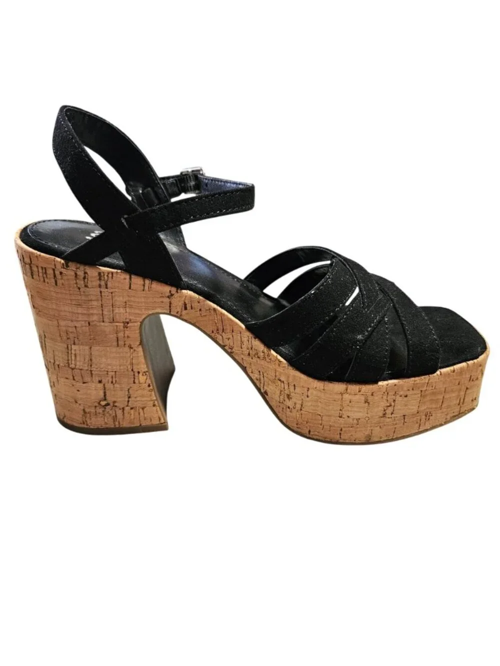 A.N.A Y2k black velvet cork ankle strap buckle cork block platform heels 6